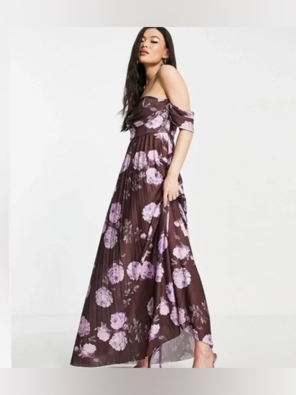 ASOS DESIGN Floral Off Shoulder Pleated Maxi Dress Size US 4